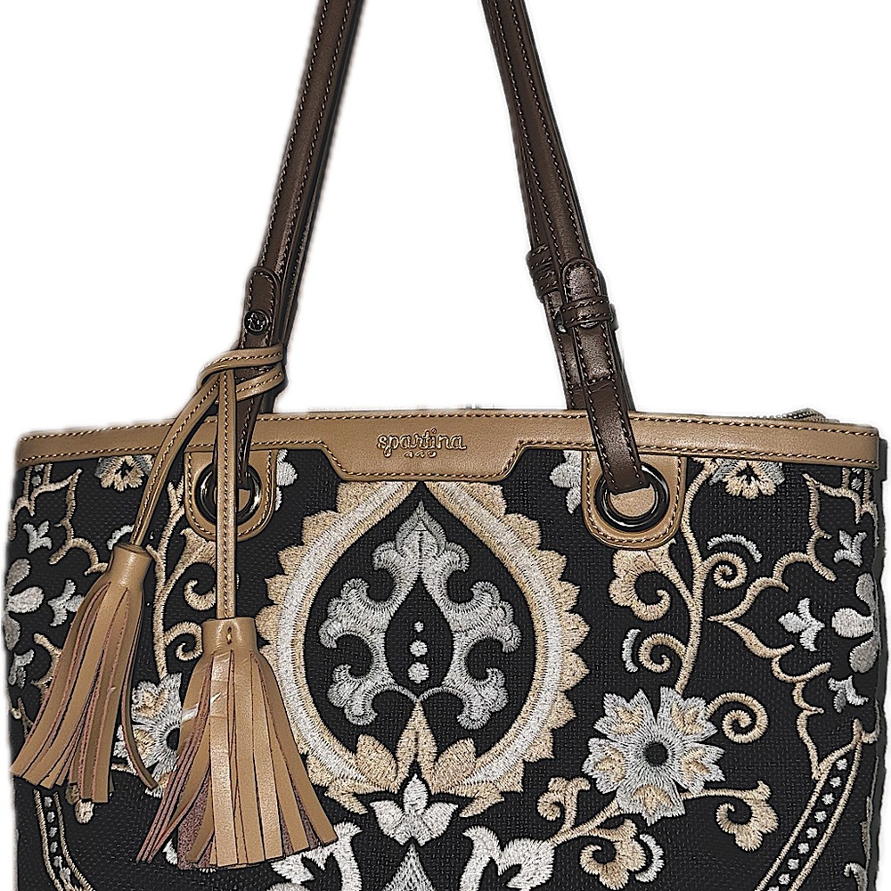 Spartina 449 Island Tote tan and navy blue shoulder tote